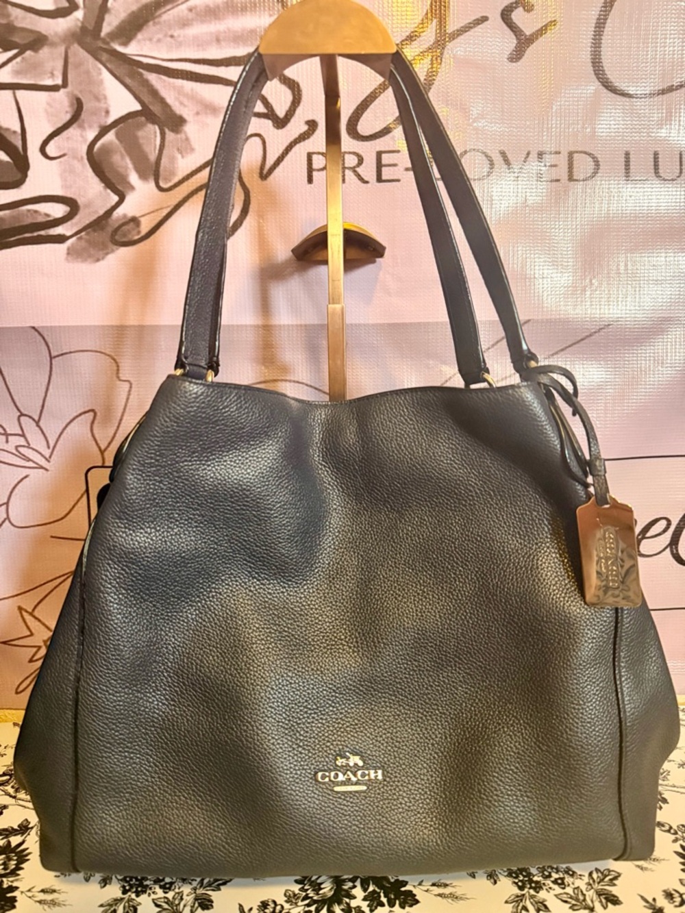 Coach Navy Blue Pebbled Leather Shoulder Tote - Picture 7 of 7